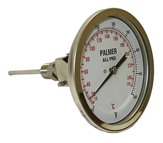 Palmer 5AP425/125F&C All Pro Welded Stainless Steel 304 Dual Scale Bimetal Thermometer, 25/125 F and -5/50 C Range, 5
